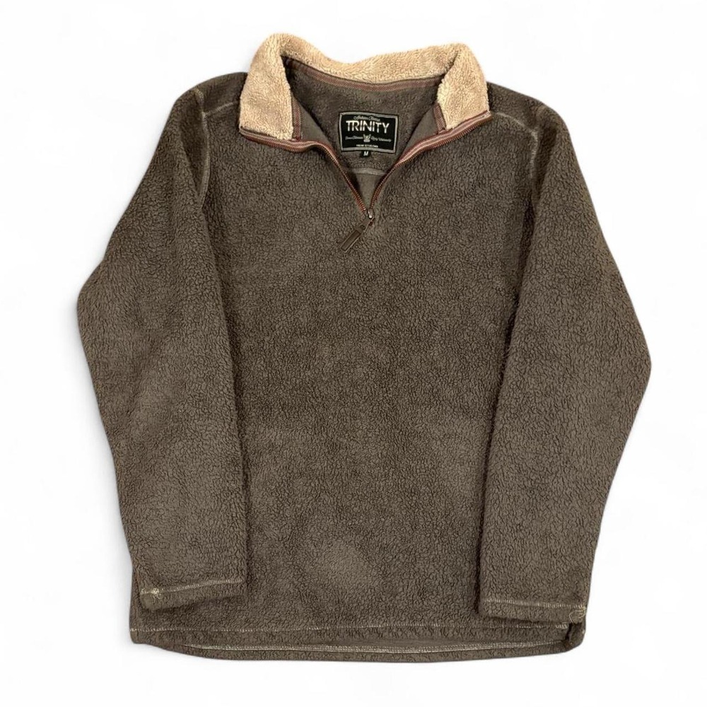 Vintage Trinity Gray Quarter Zip Pullover Fleece Mens Size M Retro Brown Cream
